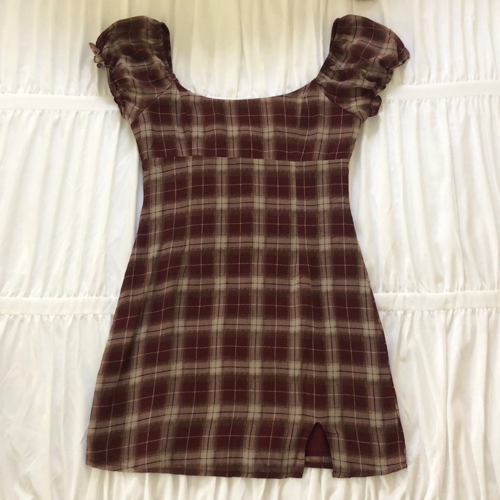 Princess Polly Plaid Mini Dress - Burgundy and Cream